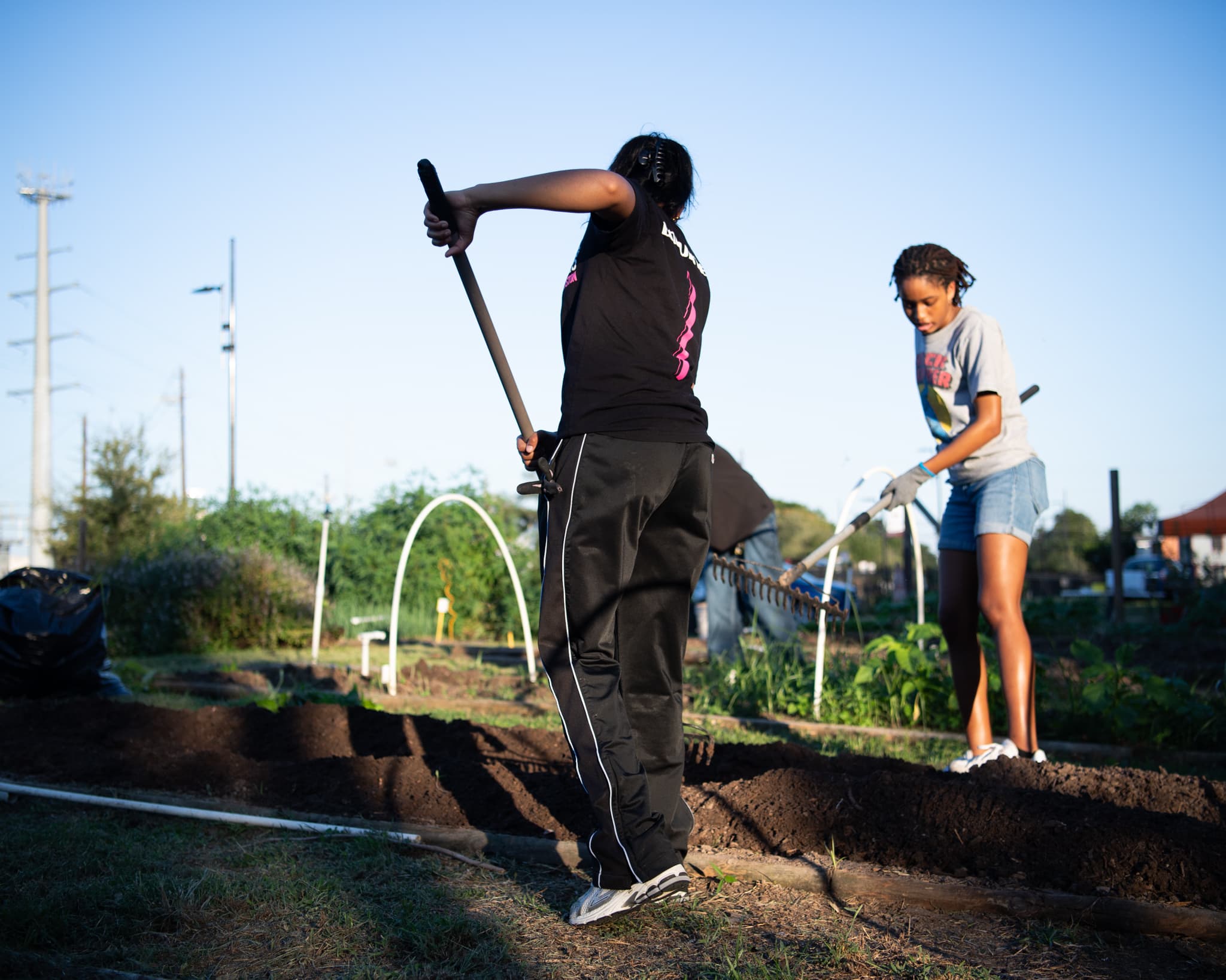Volunteers tilling the farm beds